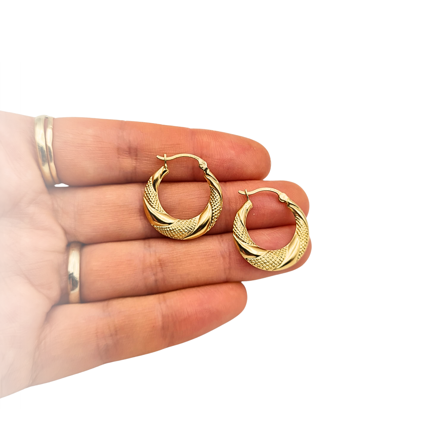 9ct Gold Textured Hoop Earrings 21mm Hollow Puffy Hoops
