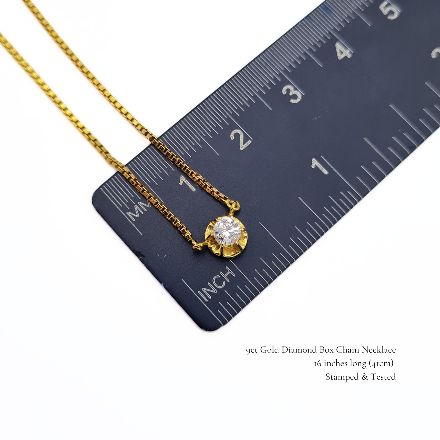Diamond Solitaire Pendant 9ct Gold Box Chain Necklace 16"
