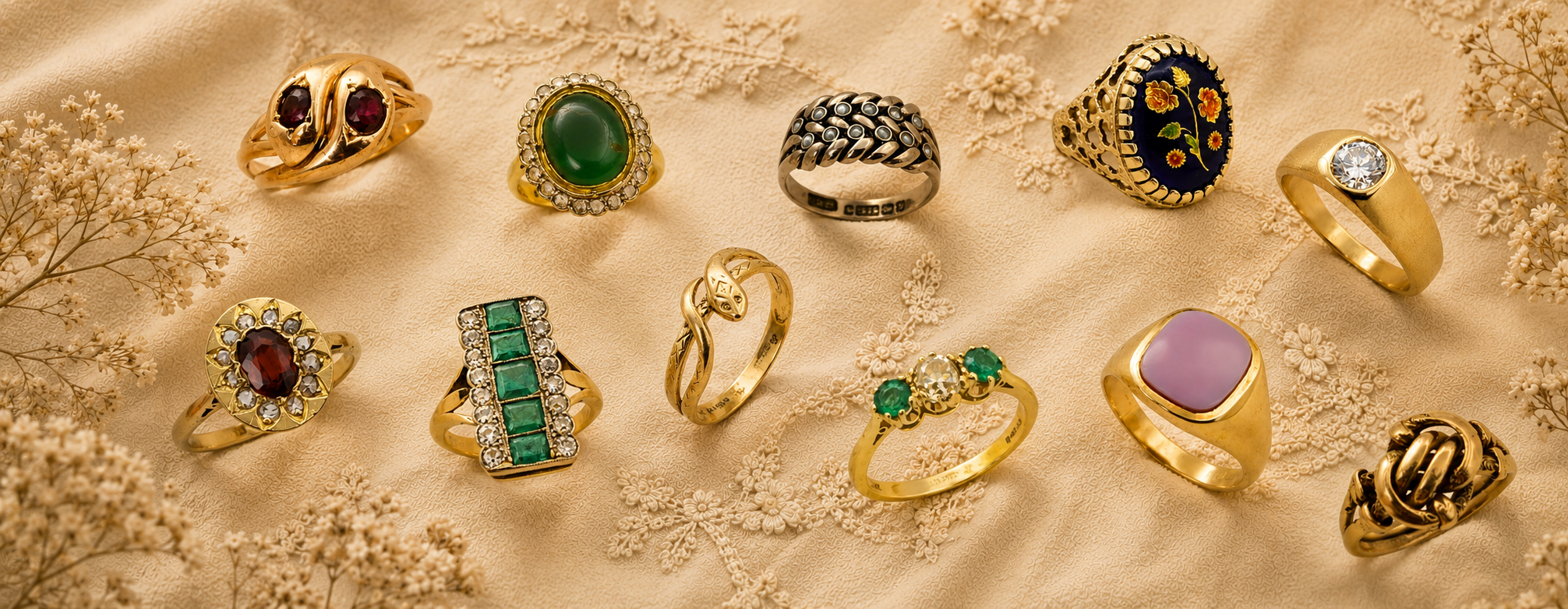 A collection of ten distinct gold and silver rings with various colored gemstones, displayed on a textured beige fabric background decorated with small white flowers.