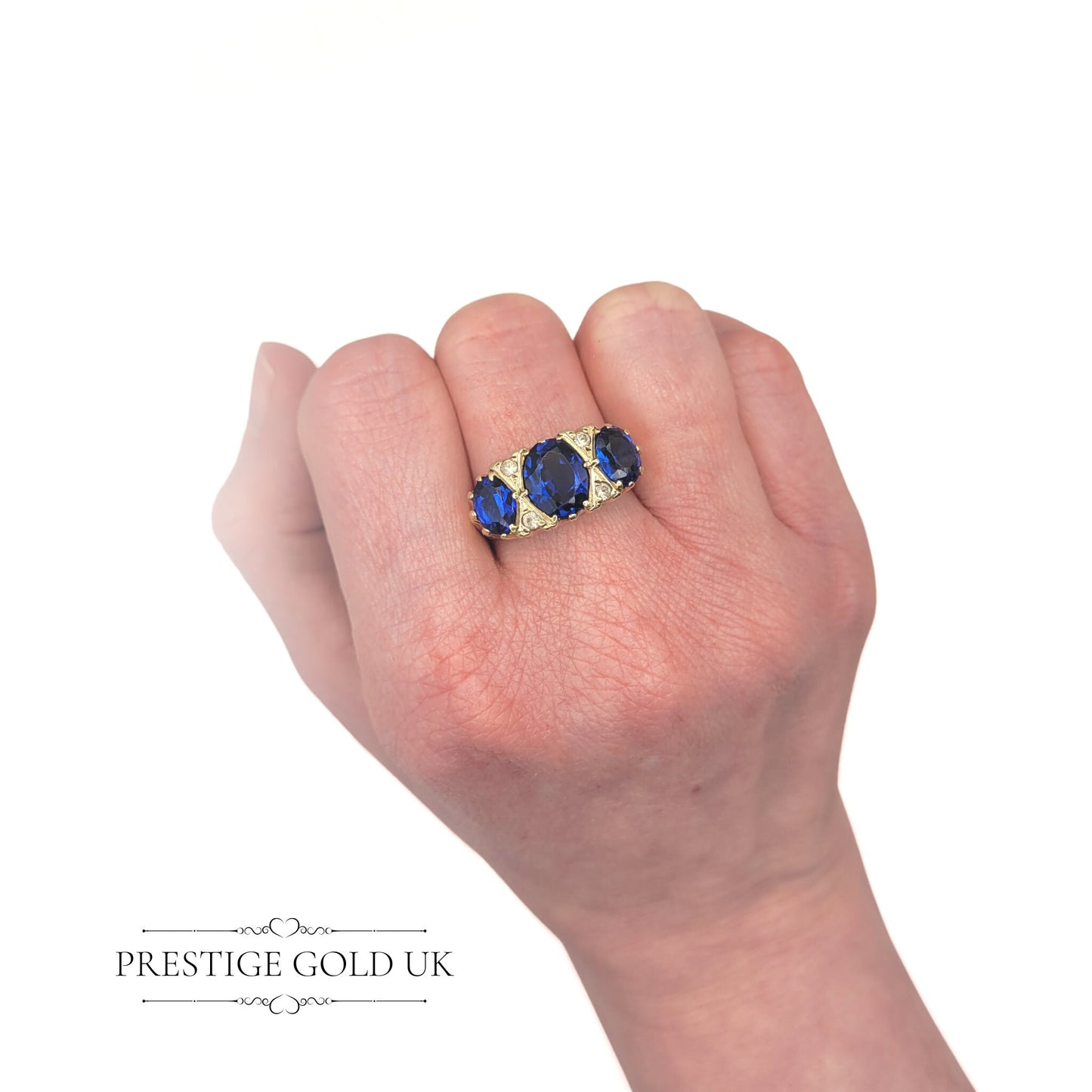 Gold Blue & Diamond Ring 9ct  -  Blue Paste Cocktail Ring -  Paste Stone Statement Ring - Size UK Q - US 8 - Euro 57.5