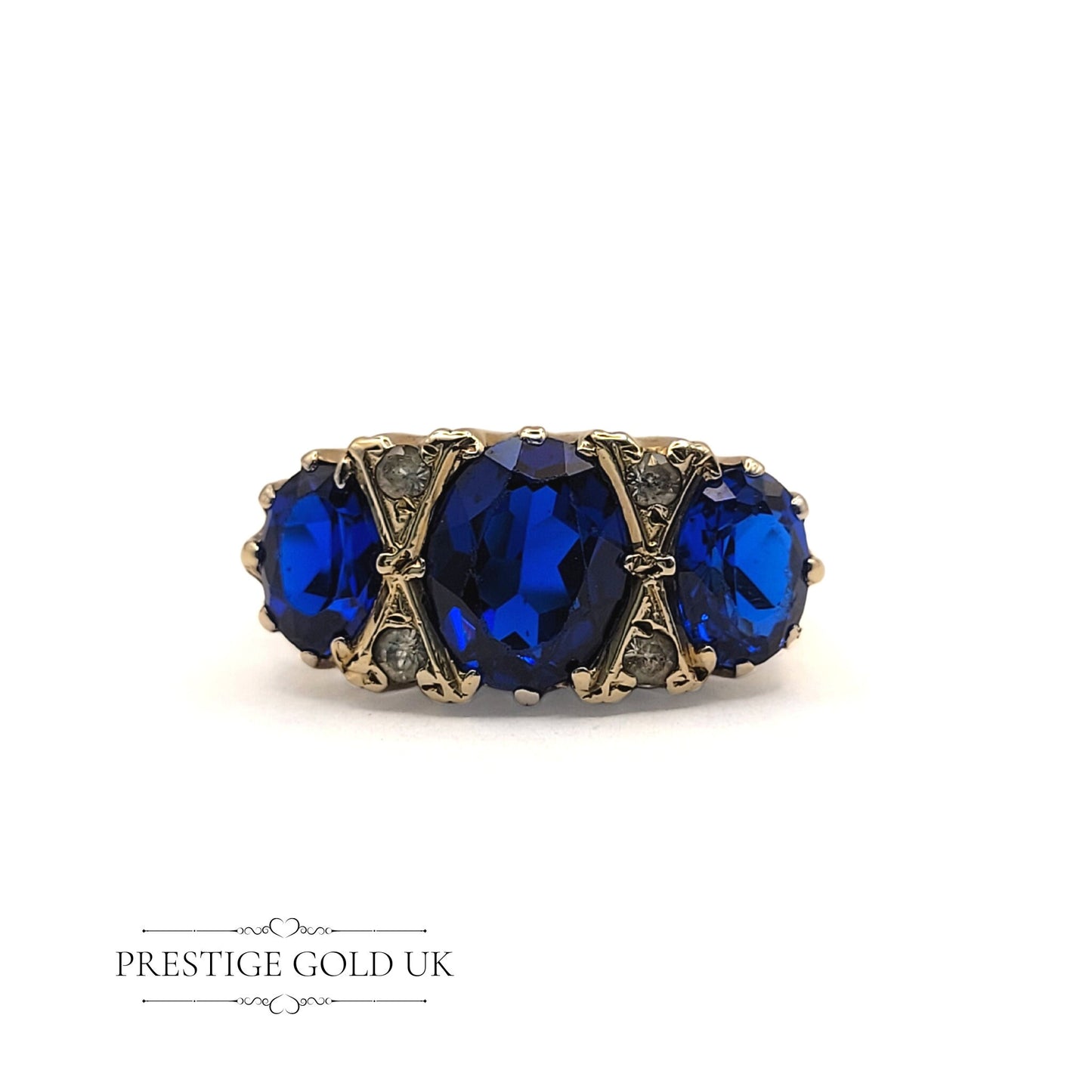 Gold Blue & Diamond Ring 9ct  -  Blue Paste Cocktail Ring -  Paste Stone Statement Ring - Size UK Q - US 8 - Euro 57.5