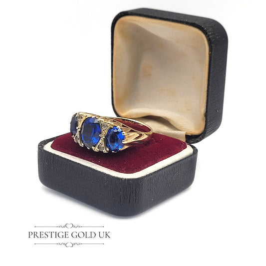 Gold Blue & Diamond Ring 9ct  -  Blue Paste Cocktail Ring -  Paste Stone Statement Ring - Size UK Q - US 8 - Euro 57.5