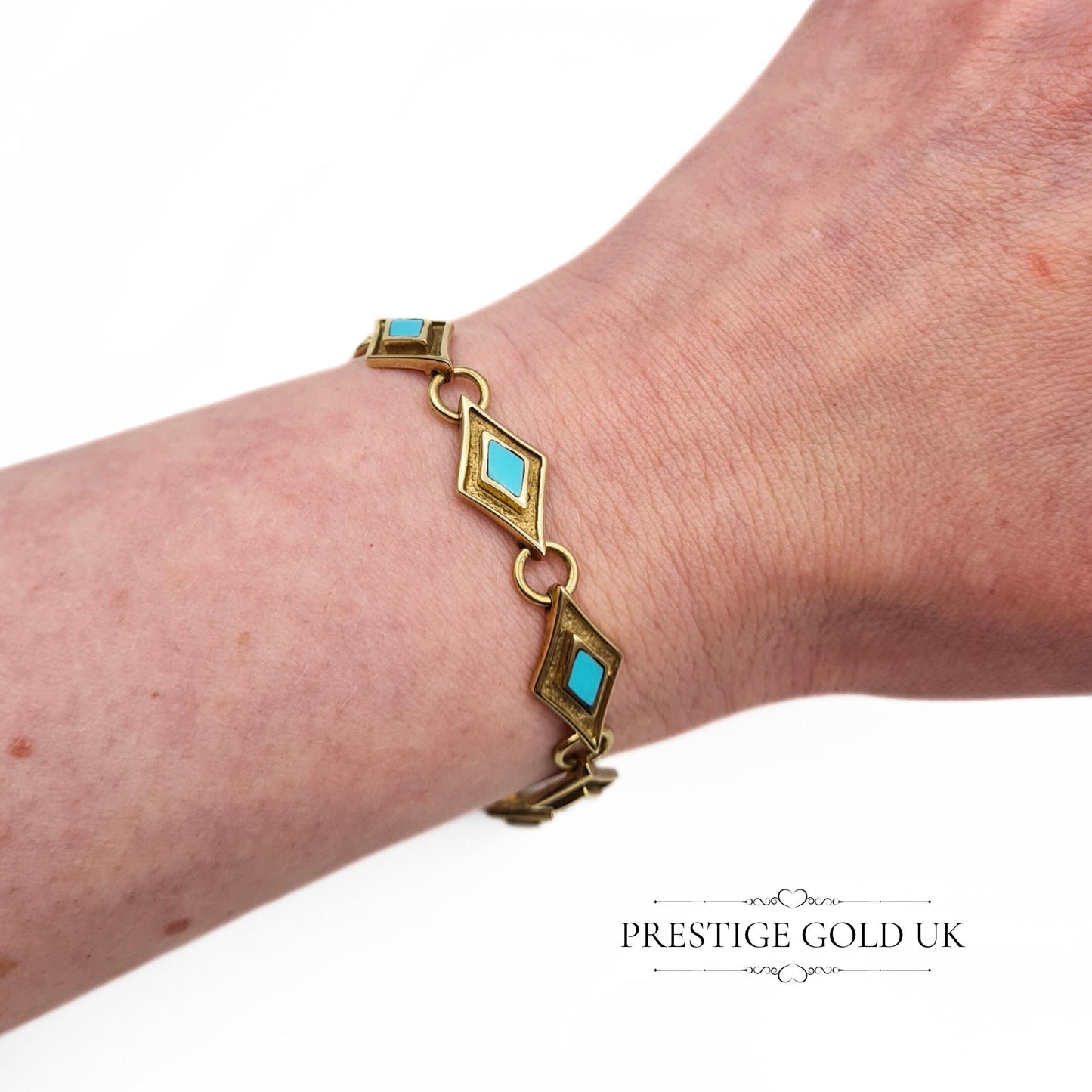 9ct Gold & Turquoise Diamond-link Bracelet - 19cm / 7 1/2"