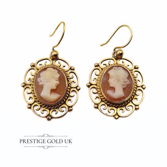 Vintage 9ct Gold Cameo Drop Earrings