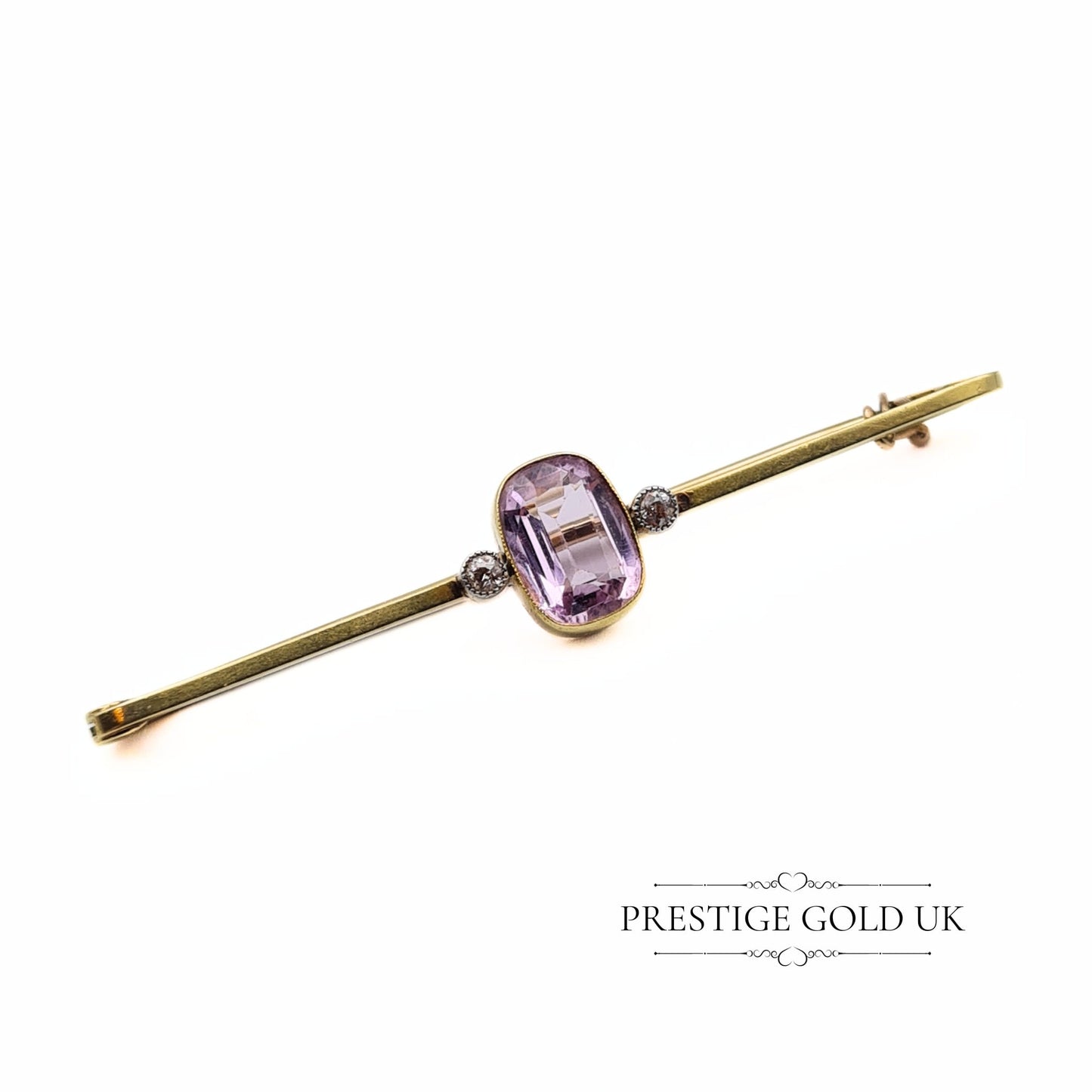 Antique Pink Tourmaline & Diamond 15ct Gold Bar Brooch