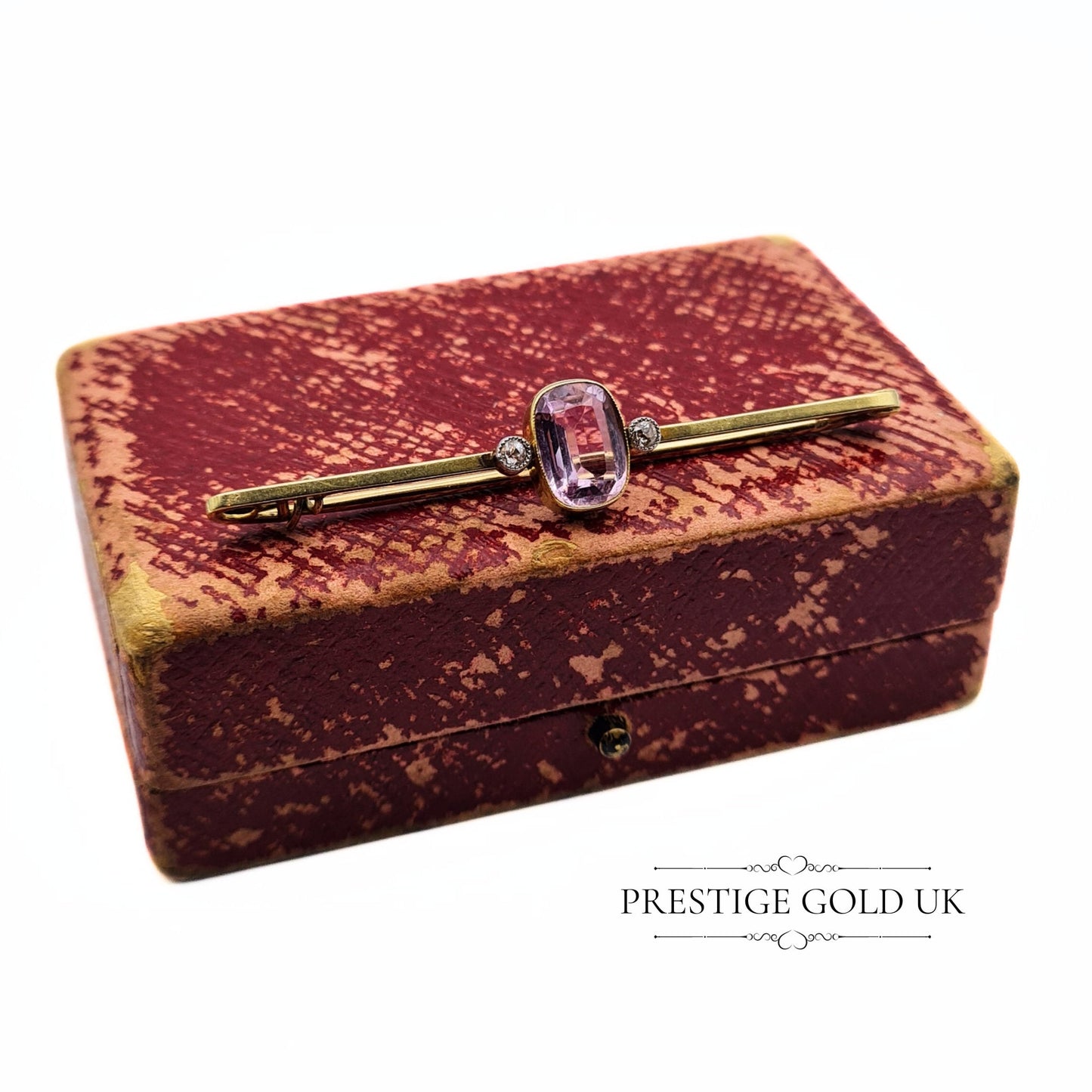 Antique Pink Tourmaline & Diamond 15ct Gold Bar Brooch