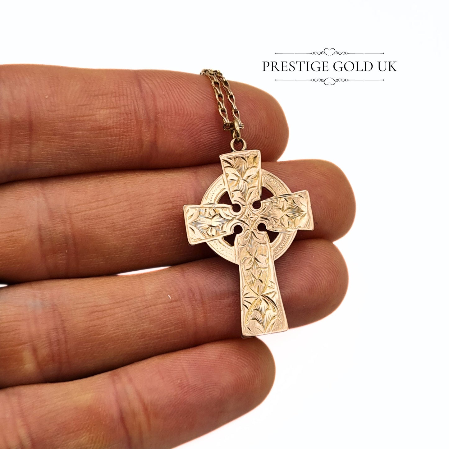 Vintage 9ct Rose Gold Celtic Cross Pendant & Necklace - 57cm, 22.5"