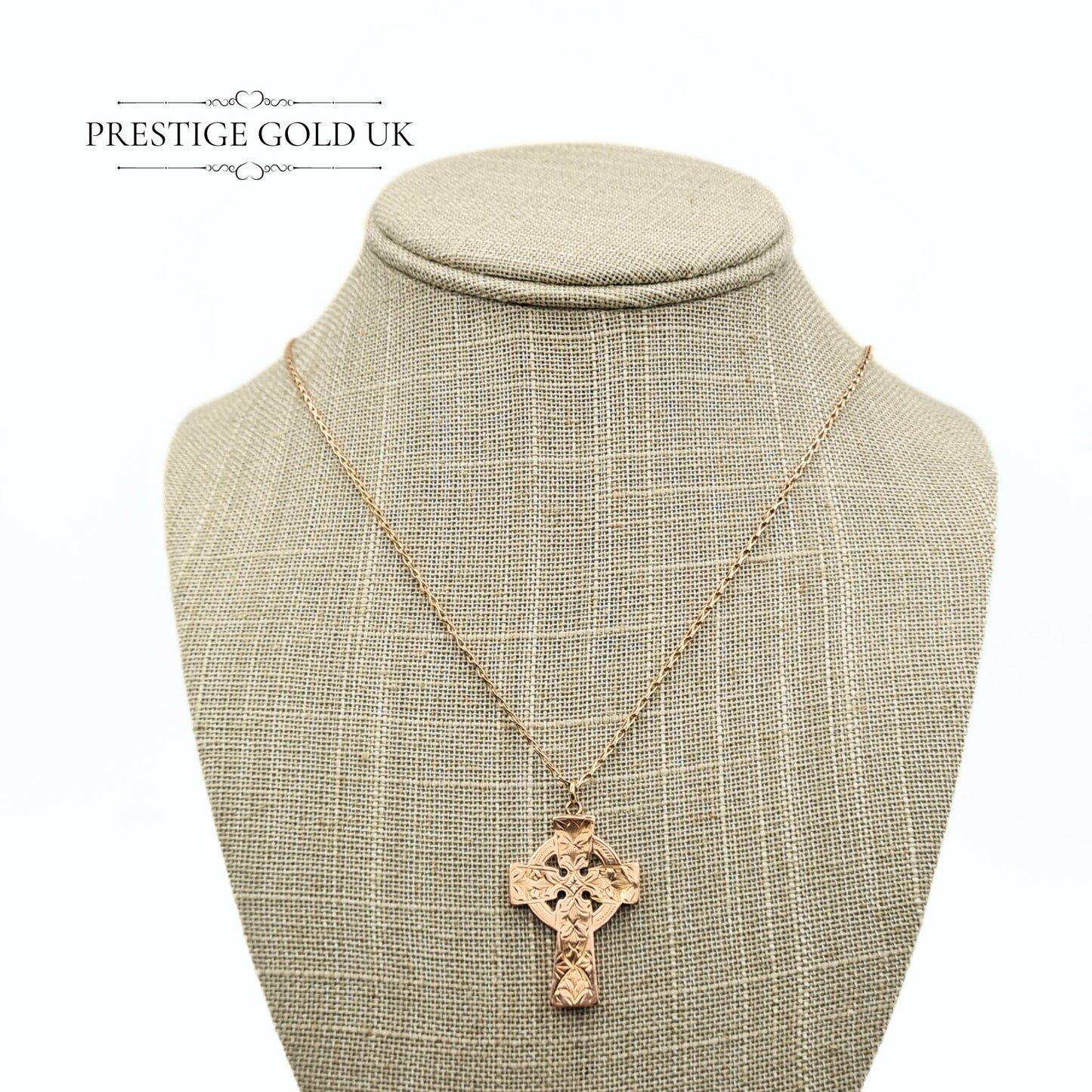 Vintage 9ct Rose Gold Celtic Cross Pendant & Necklace - 57cm, 22.5"