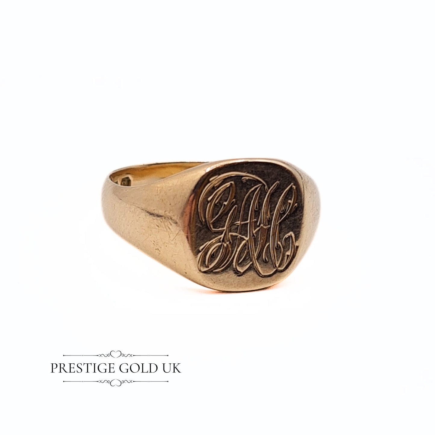 Vintage 1940s Rose Gold Signet Ring 9ct - Engraved "GAH" - Size UK T, US 9 1/2, Euro 61