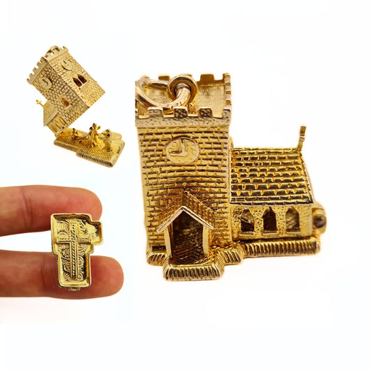 Heavy Vintage 9ct Gold Opening Church Charm with Bride & Groom