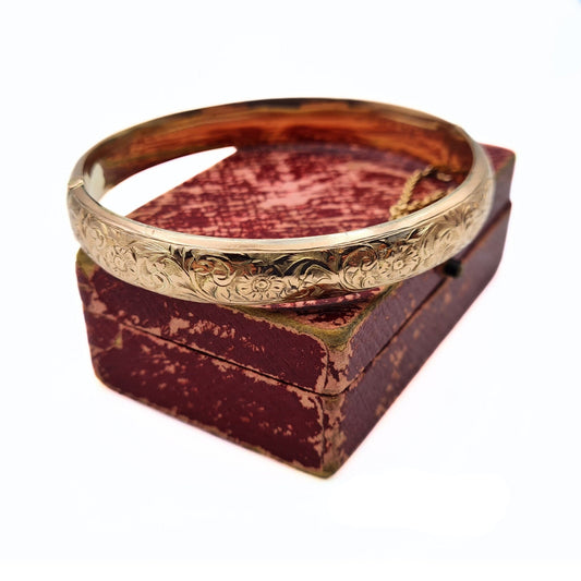 Antique Edwardian Rose Gold Engraved Hinged Bangle