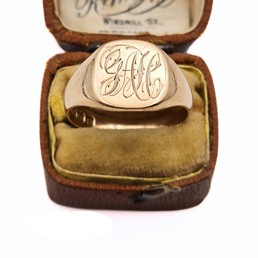 Vintage 1940s Rose Gold Signet Ring 9ct - Engraved "GAH" - Size UK T, US 9 1/2, Euro 61