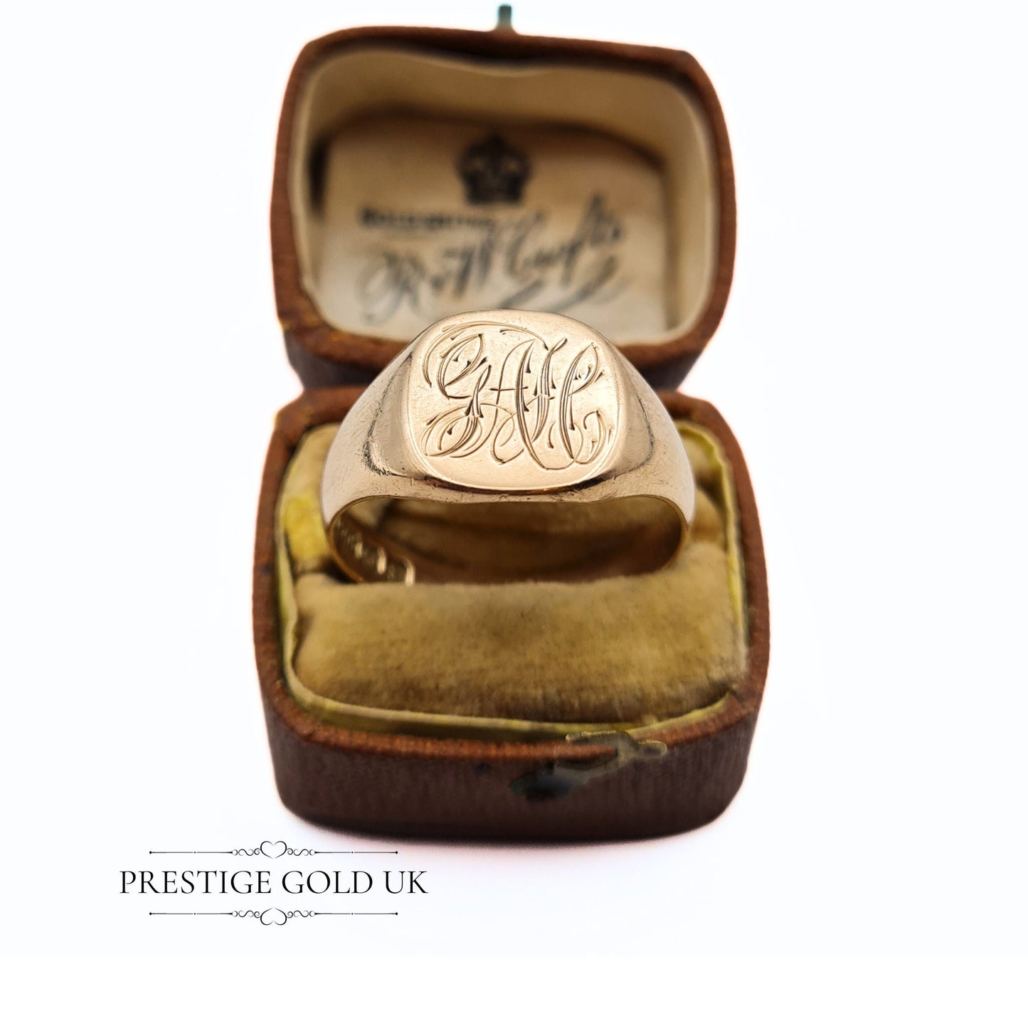 Vintage 1940s Rose Gold Signet Ring 9ct - Engraved "GAH" - Size UK T, US 9 1/2, Euro 61