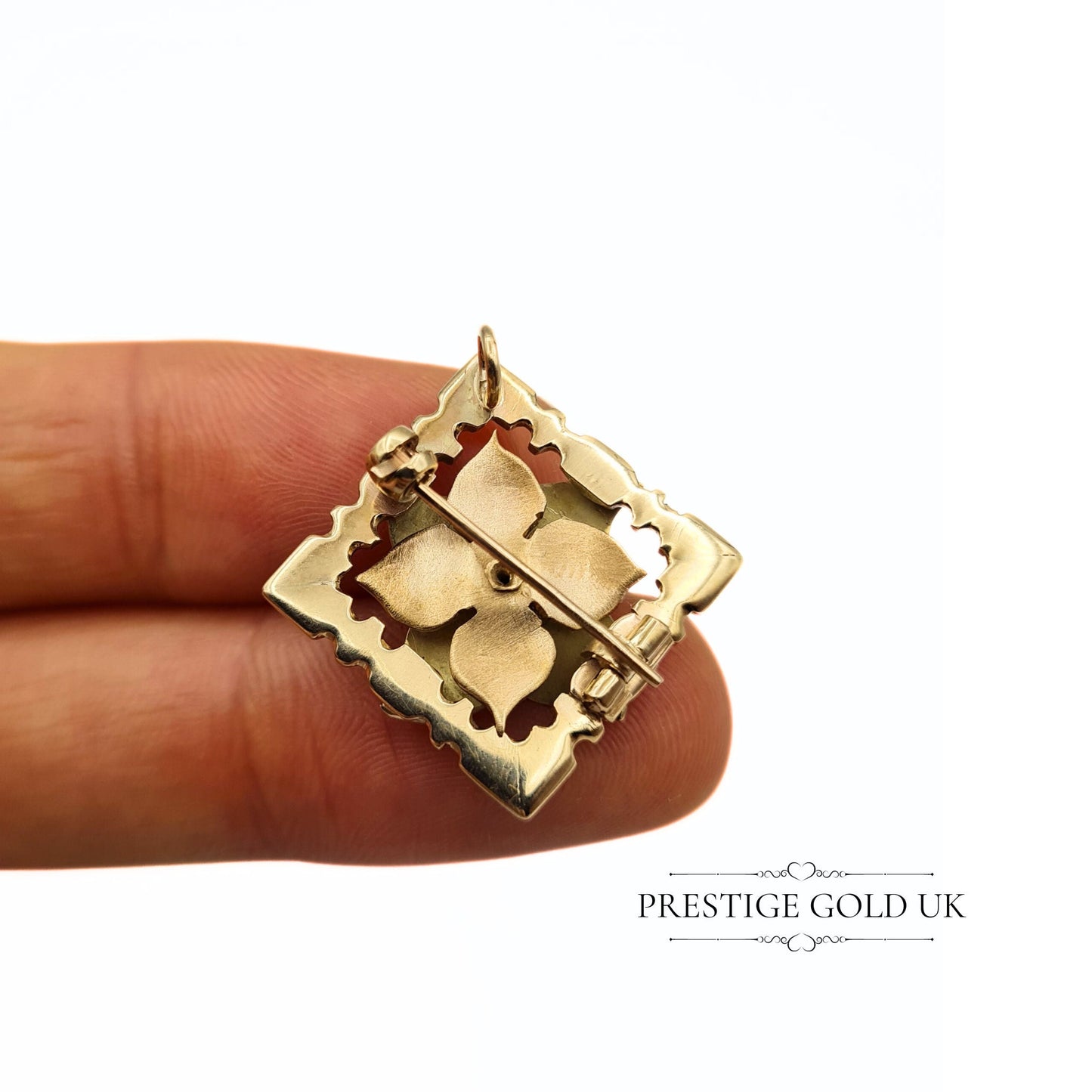 Vintage Solid 9ct Gold Square Flower Brooch & Pendant