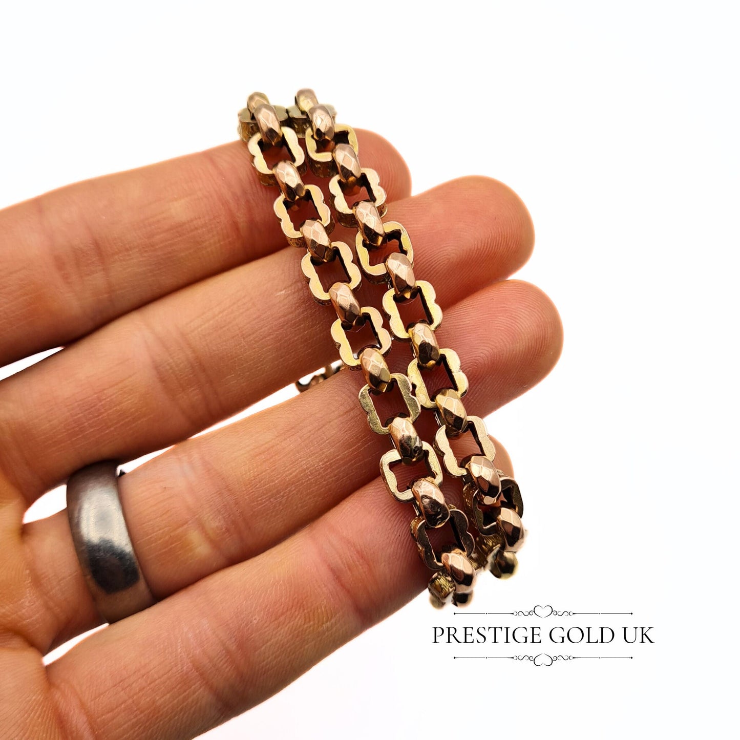 Antique Gold Twin Row Roller Chain Bracelet 9ct - 6 1/2" / 16.5cm