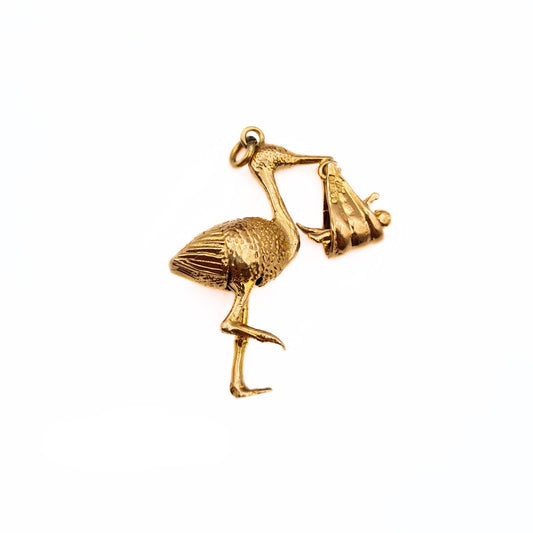 Heavy Vintage Gold Stork and Baby Charm