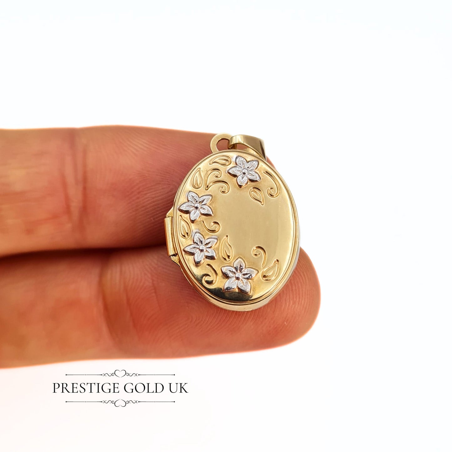 Vintage 9ct Gold Floral Engraved Locket with Silver Flowers