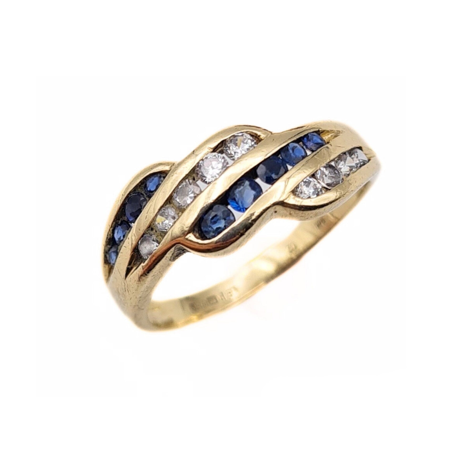 Vintage 9ct Gold Sapphire & Cubic Zirconia Crossover Ring - Size UK K 1/2, US 5 1/2, Euro 51