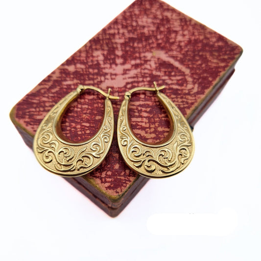 Vintage Large Gypsy Boho Creole Earrings - 9ct Gold