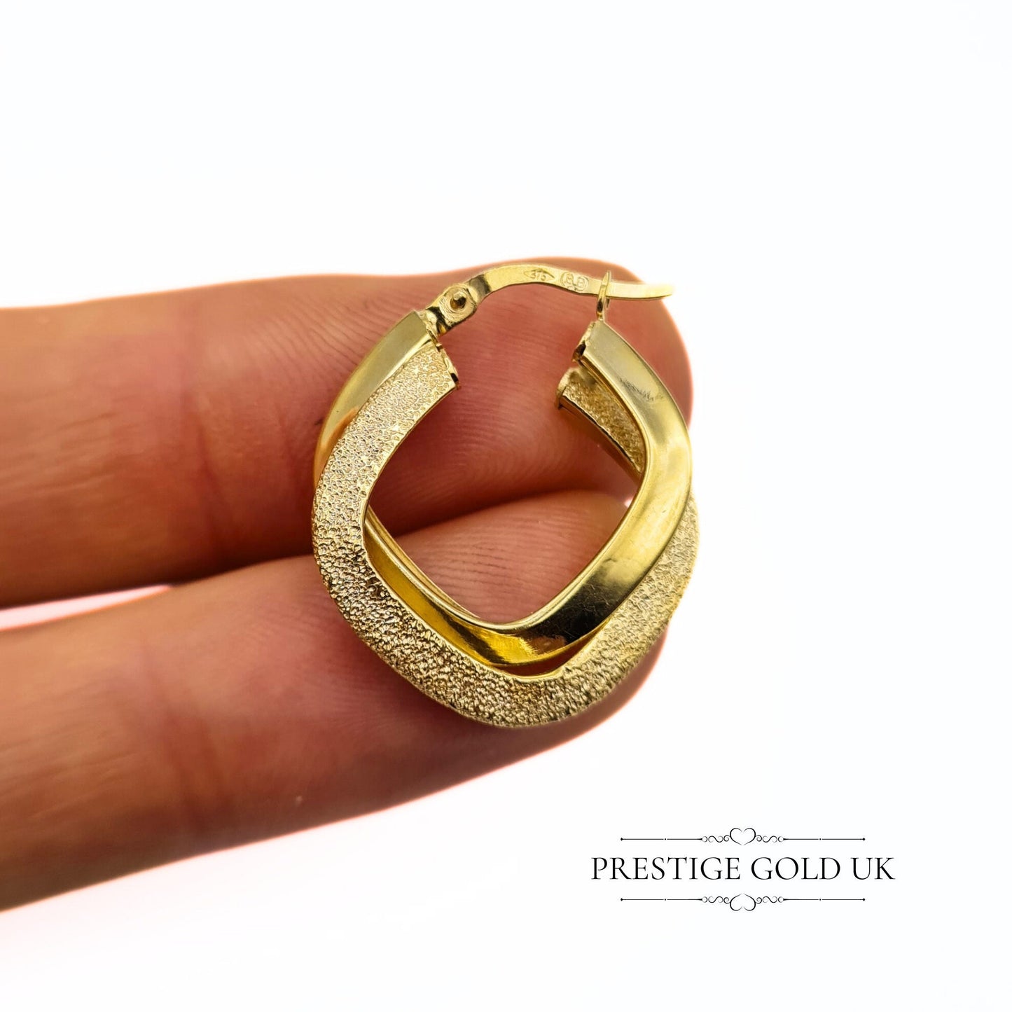 Vintage 9ct Gold Patterned, Angular Hoop Earrings