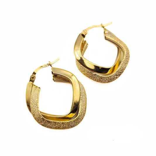 Vintage 9ct Gold Patterned, Angular Hoop Earrings