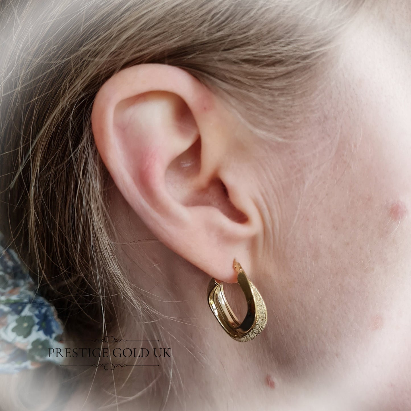 Vintage 9ct Gold Patterned, Angular Hoop Earrings
