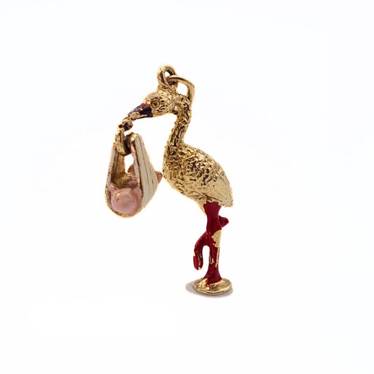 Vintage Gold Enamelled Stork and Baby Charm