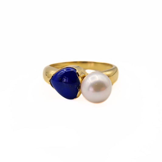 Vintage 9ct Gold Pearl & Lapis Designer Ring - Size UK L 1/2, US 6, Euro 52 1/2