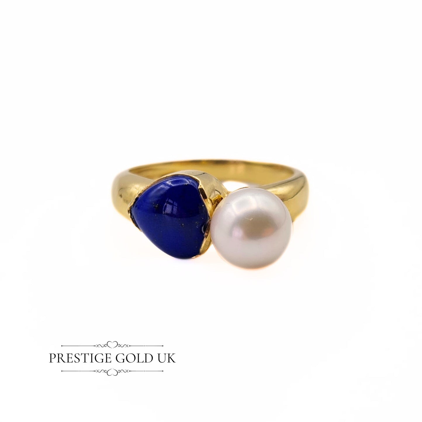 Vintage 9ct Gold Pearl & Lapis Designer Ring - Size UK L 1/2, US 6, Euro 52 1/2