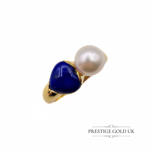 Vintage 9ct Gold Pearl & Lapis Designer Ring - Size UK L 1/2, US 6, Euro 52 1/2