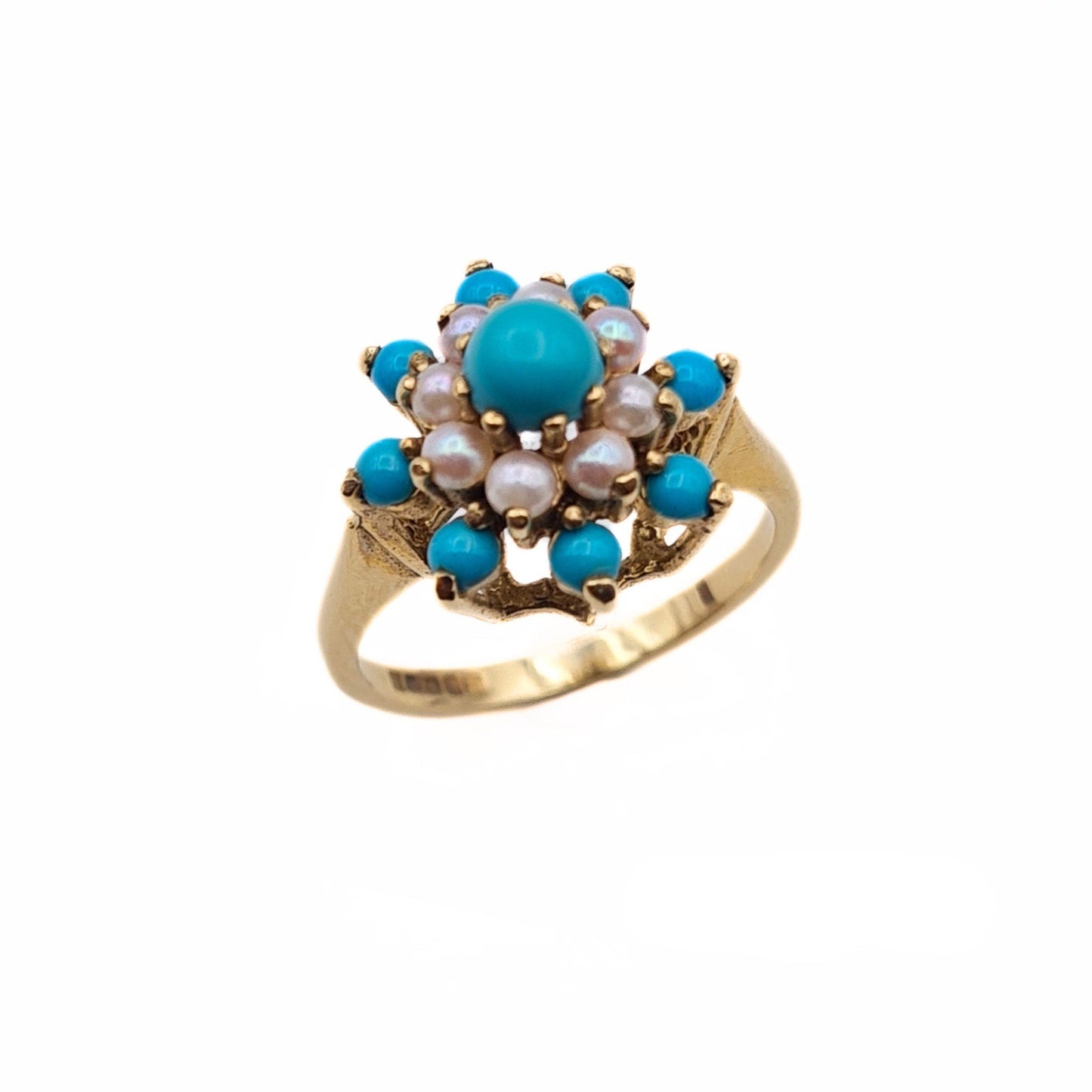 Vintage Gold Turquoise & Pearl Dress Ring - Size UK K 1/2, US 5 1/2, Euro 51