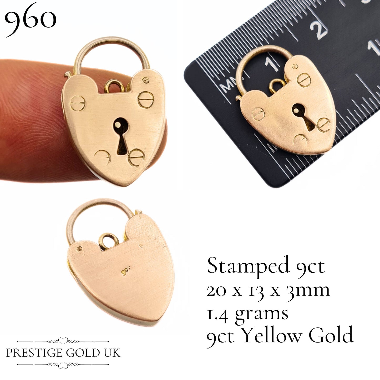 Vintage Small Gold Heart Padlock Pendants 9ct - Multiple Sizes