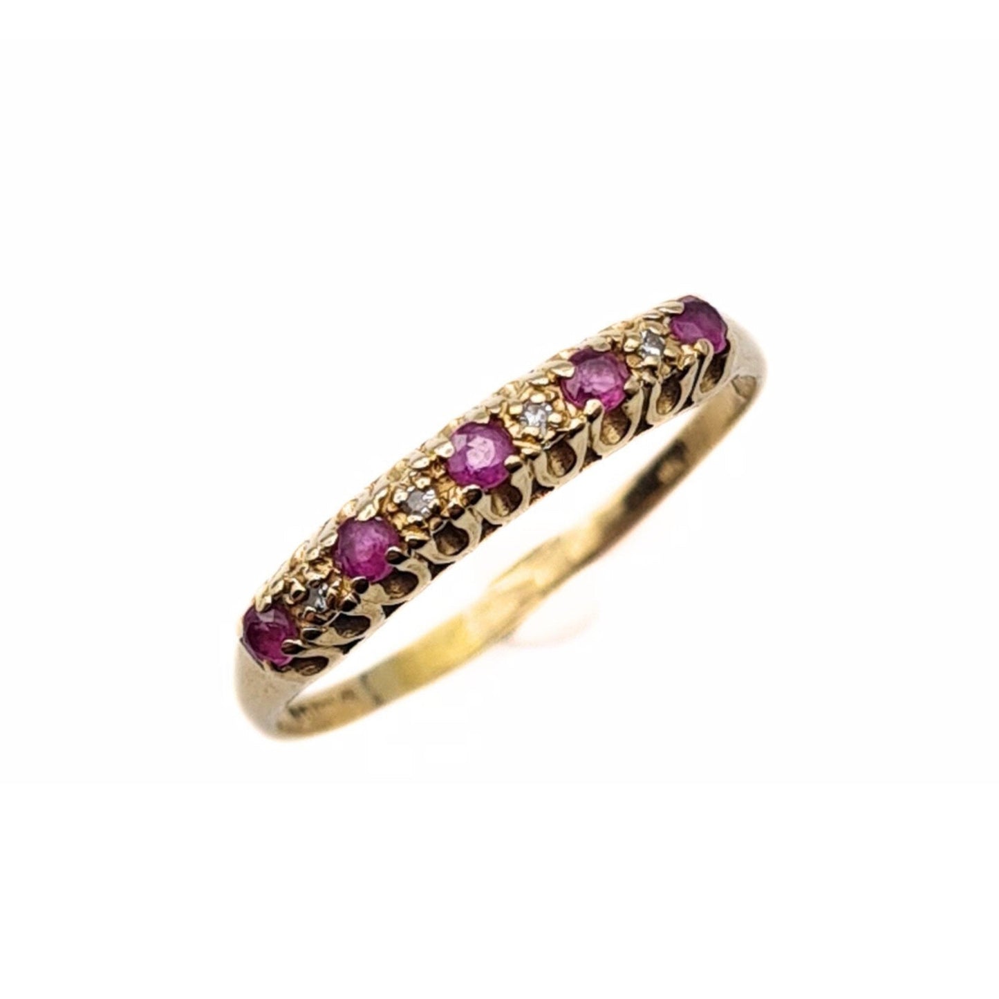 Vintage 9ct Gold Ruby & Diamond Half Eternity Ring 9ct - Size UK P, US 7 1/2, Euro 56