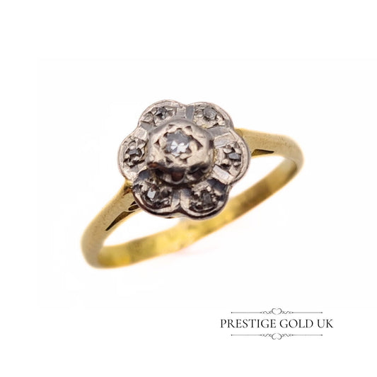 Vintage 18ct Gold Diamond Cluster Flower Ring - Size UK K, US 5 1/2, Euro 50