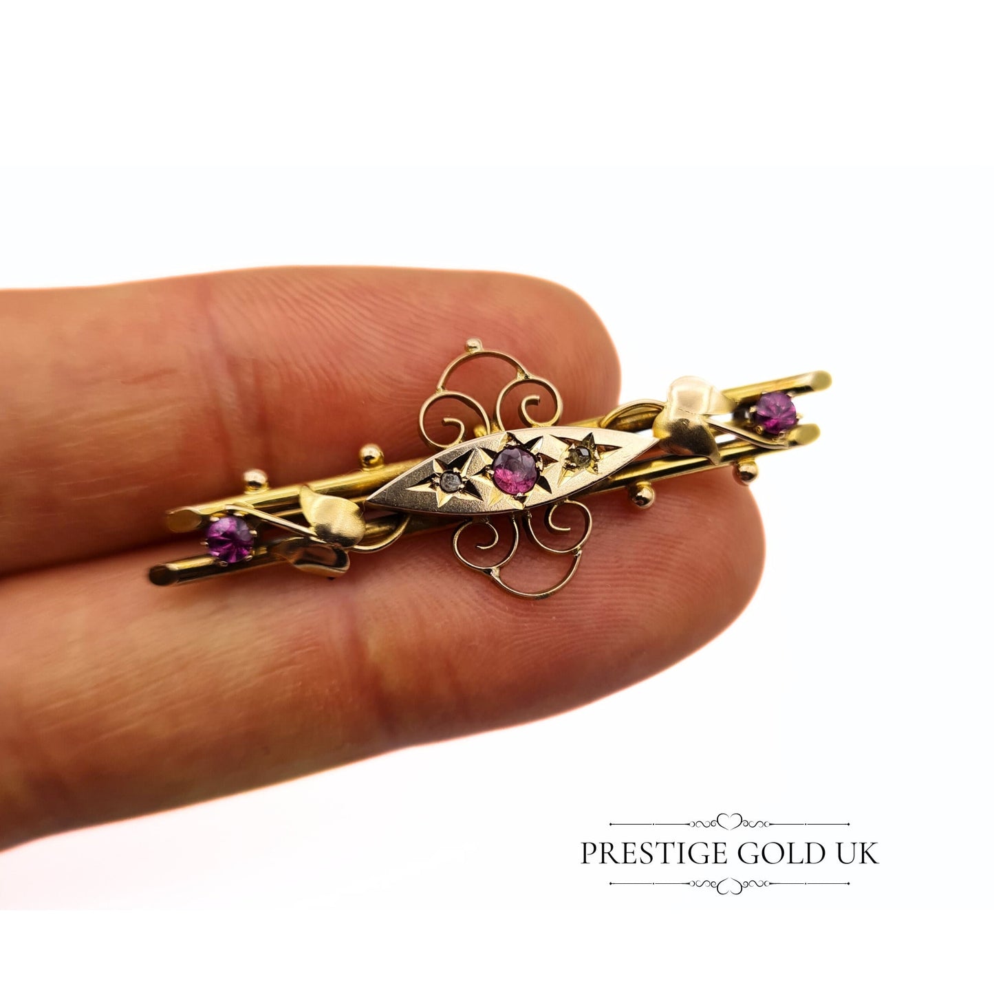 Antique Victorian Solid Gold Diamond & Pink Stone Brooch