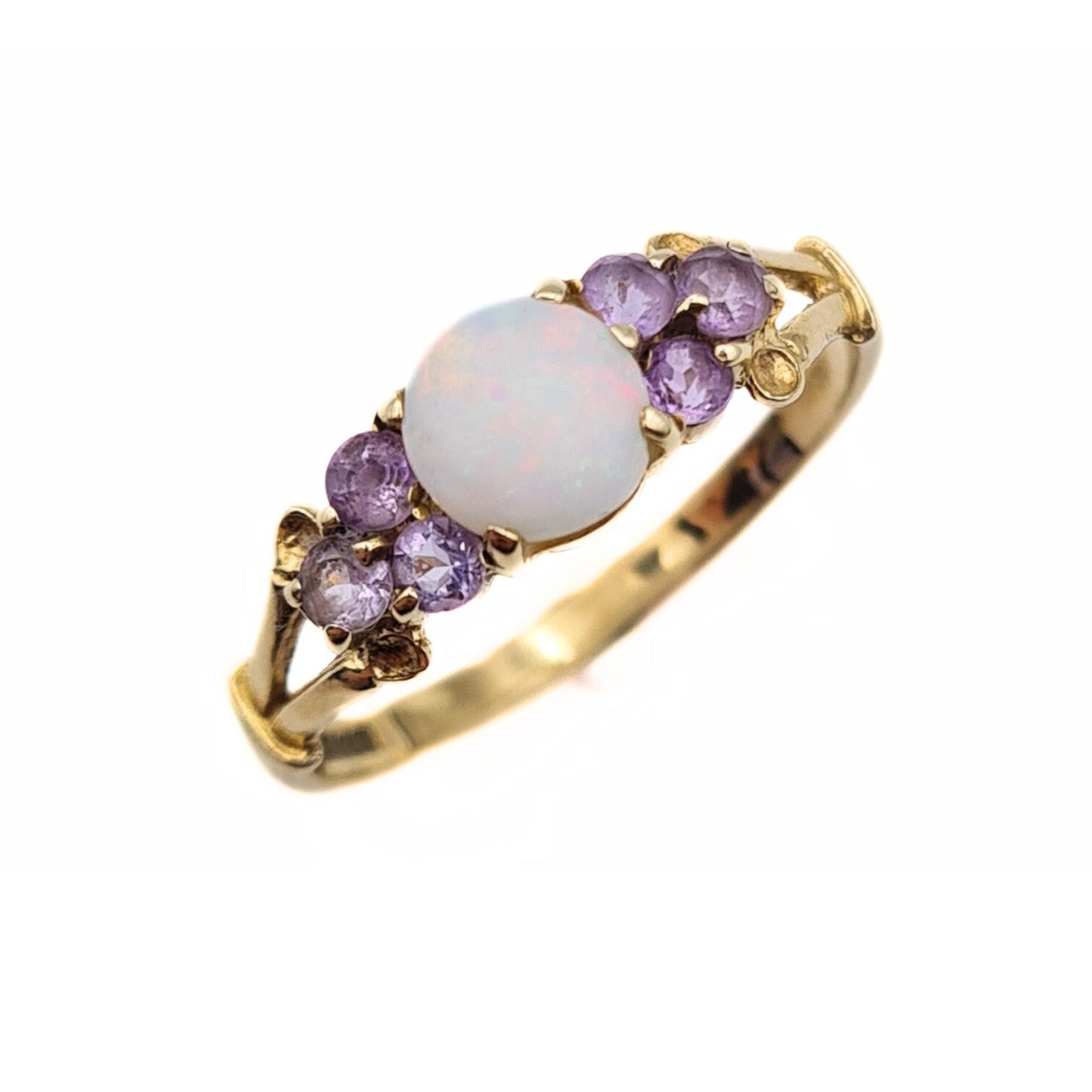 Vintage 9ct Gold Amethyst & Opal Ring - Size UK N 1/2, US 7, Euro 55