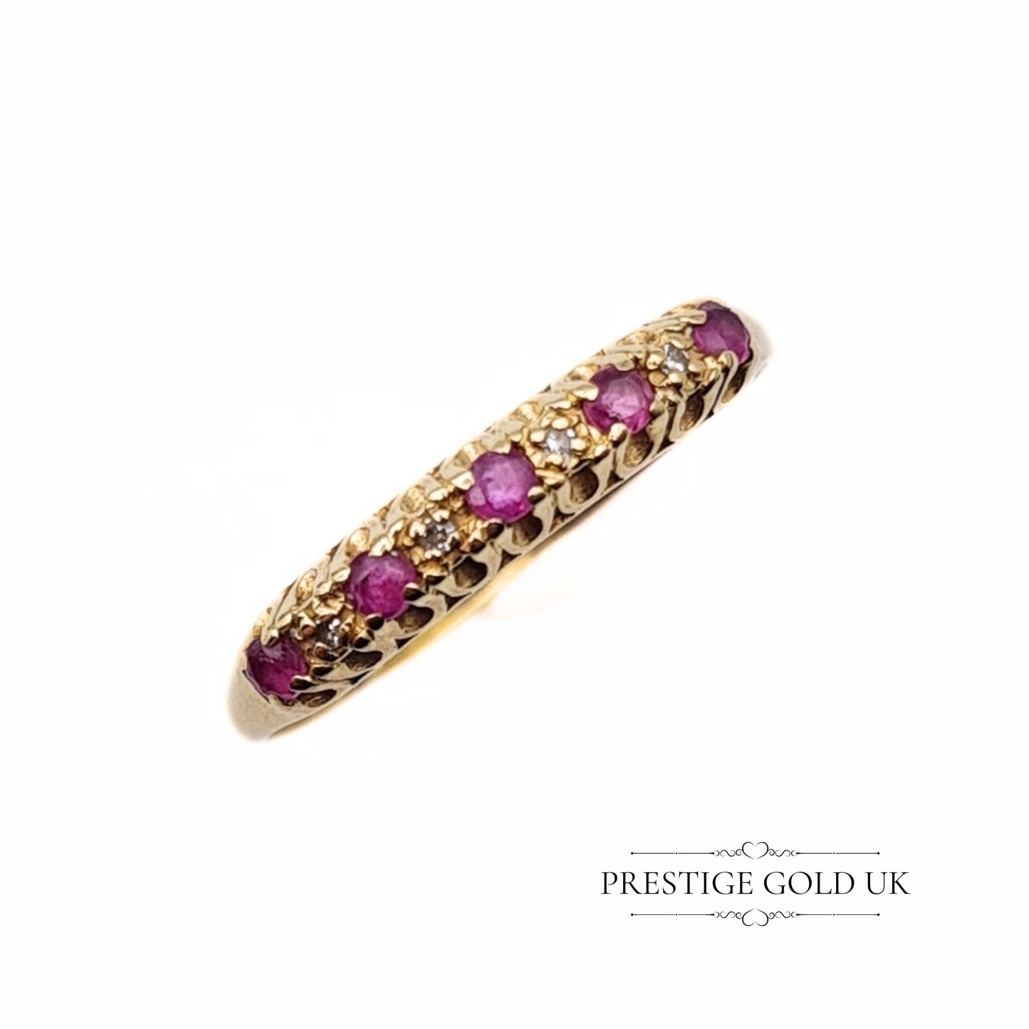 Vintage 9ct Gold Ruby & Diamond Half Eternity Ring 9ct - Size UK P, US 7 1/2, Euro 56