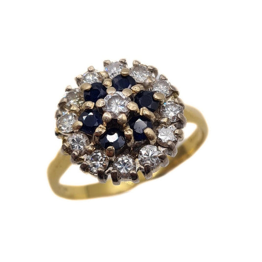 Vintage 18ct Gold Sapphire & Diamond Cluster Ring - Size UK M 1/2, US 6 1/2, Euro 53