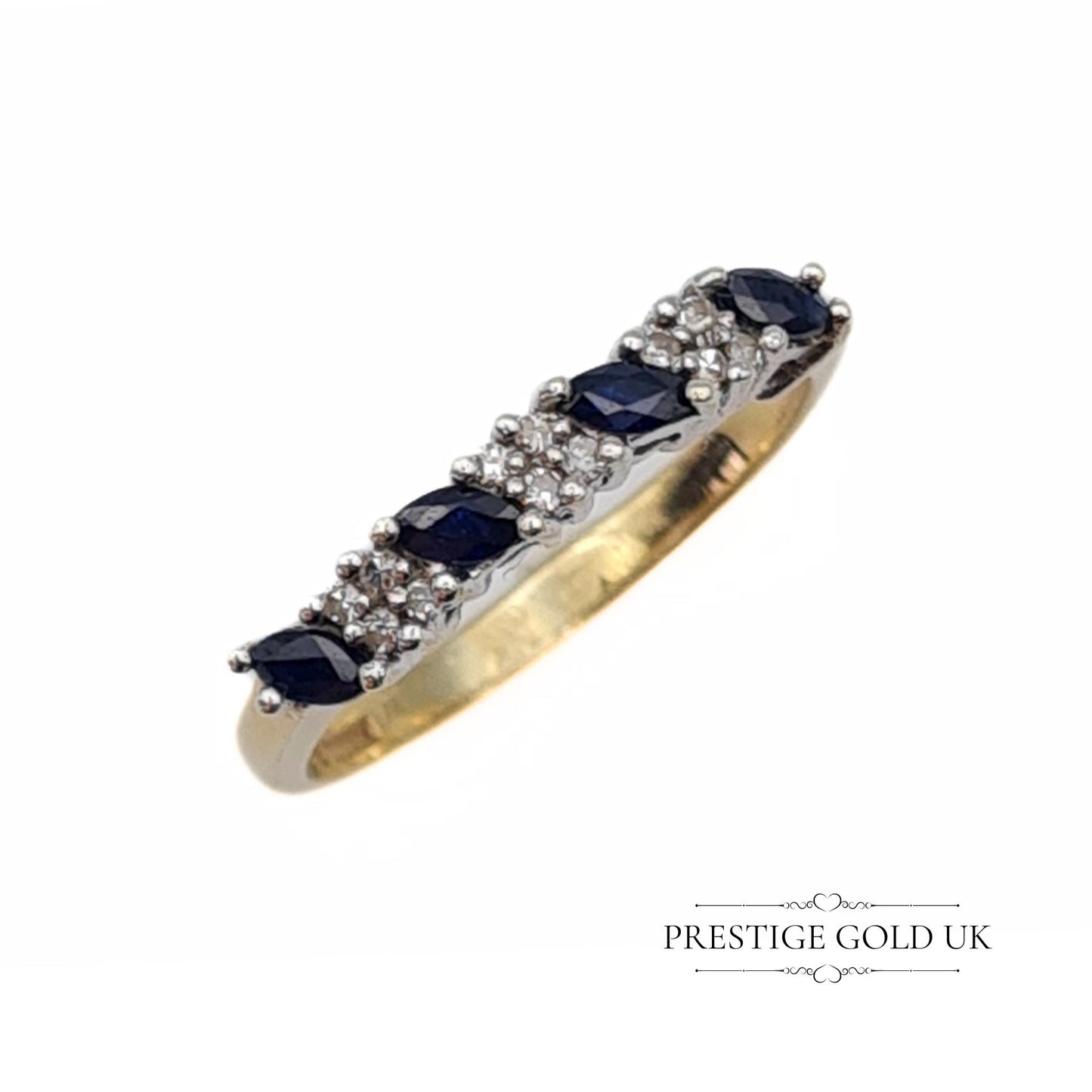 Vintage 9ct Gold Sapphire & Diamond Half Eternity Ring - Size UK O, US 7, Euro 55