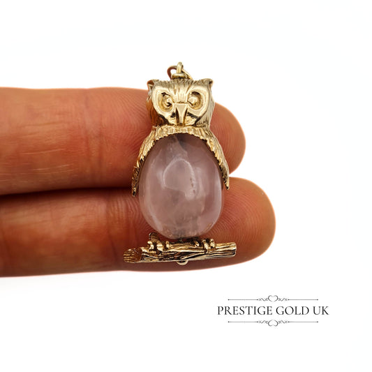 Vintage 9ct Gold Pink Quartz Owl Pendant