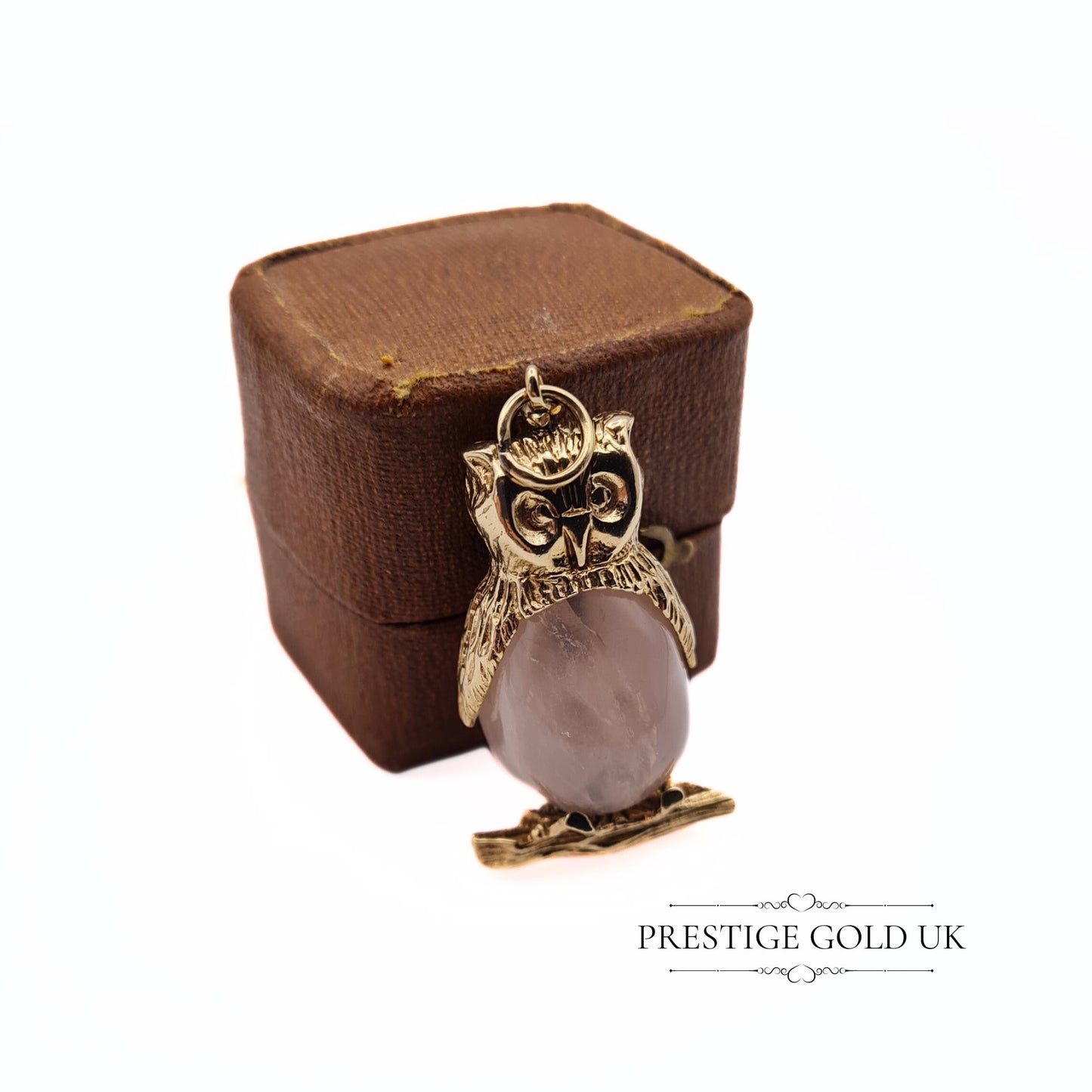 Vintage 9ct Gold Pink Quartz Owl Pendant