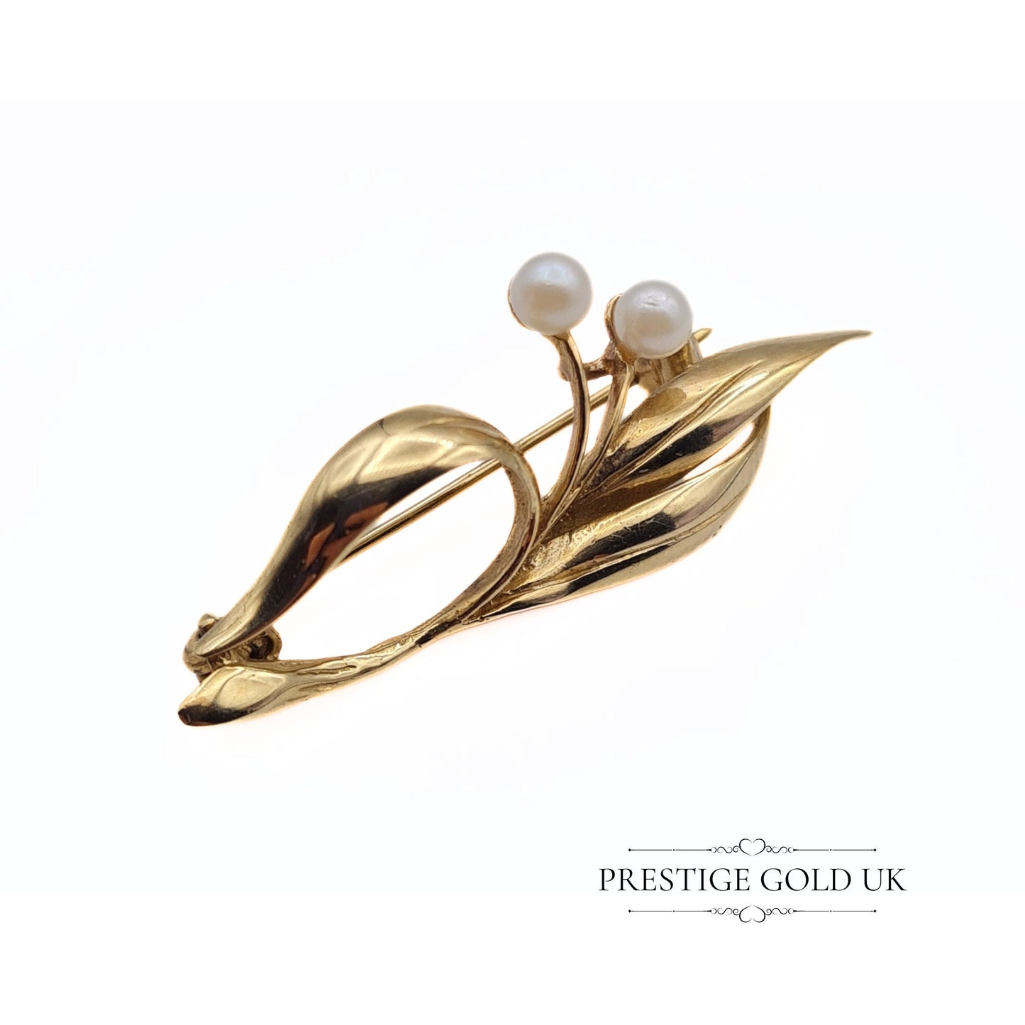 Vintage Leaf Design 9ct Gold & Pearl Brooch