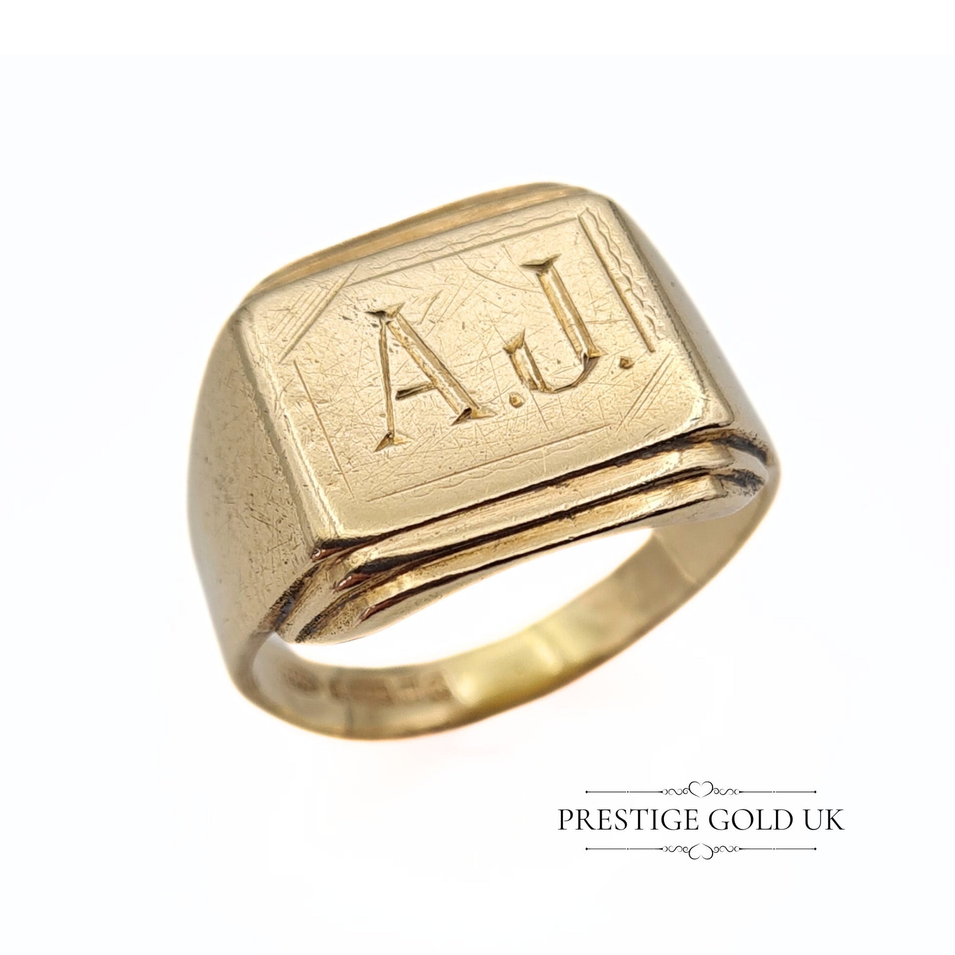 Vintage Large Gold Signet Ring 9ct Engraved "AJ " - Size UK U, US 10, Euro 62