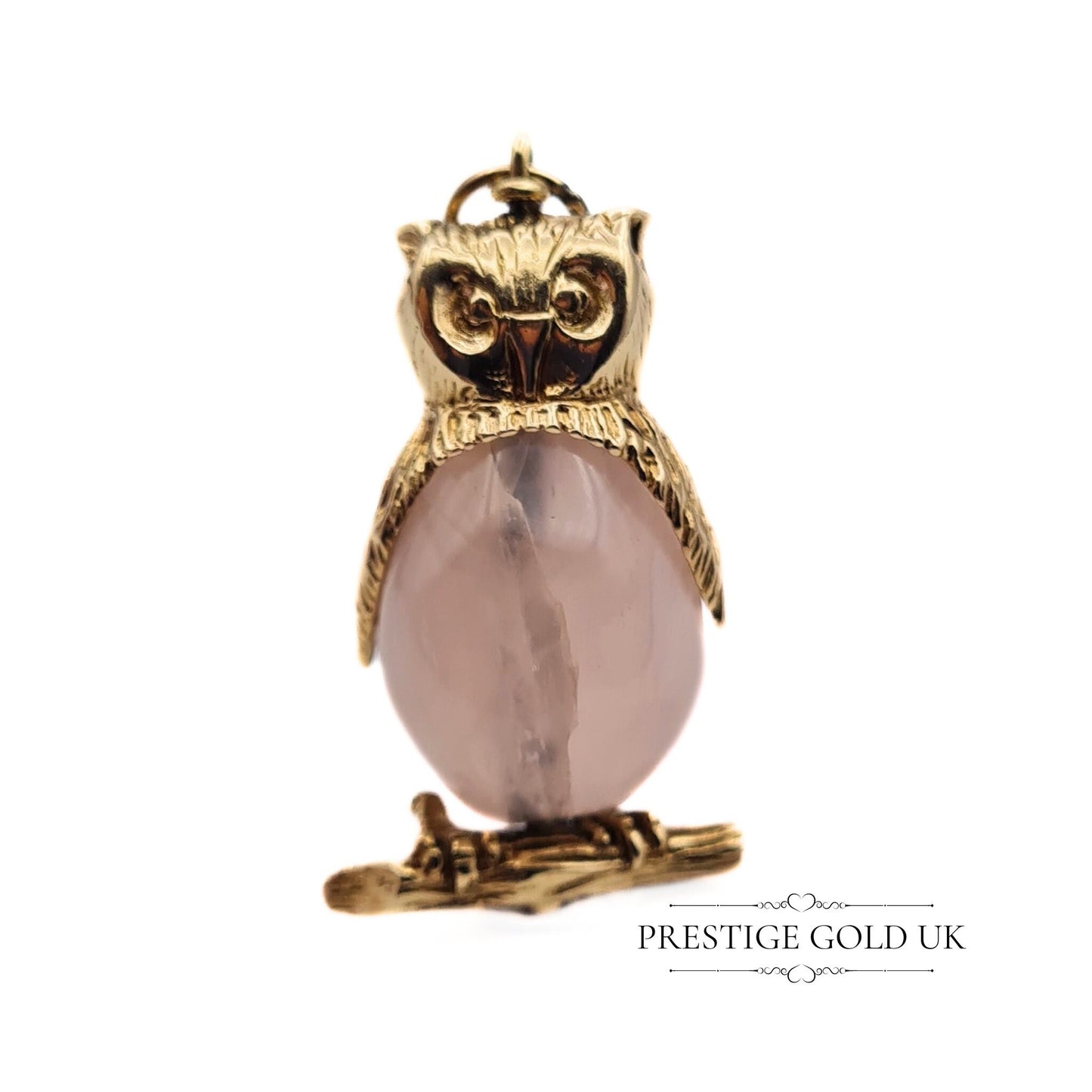 Vintage 9ct Gold Pink Quartz Owl Pendant