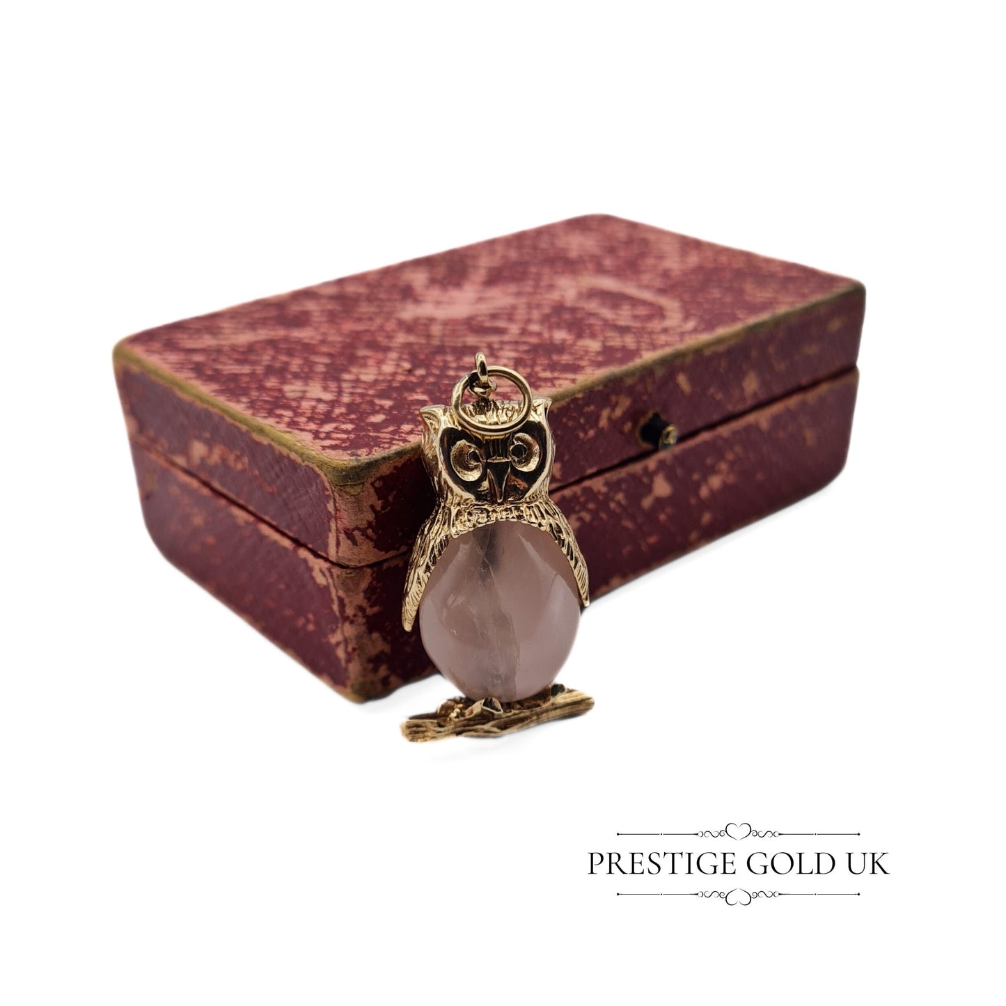 Vintage 9ct Gold Pink Quartz Owl Pendant