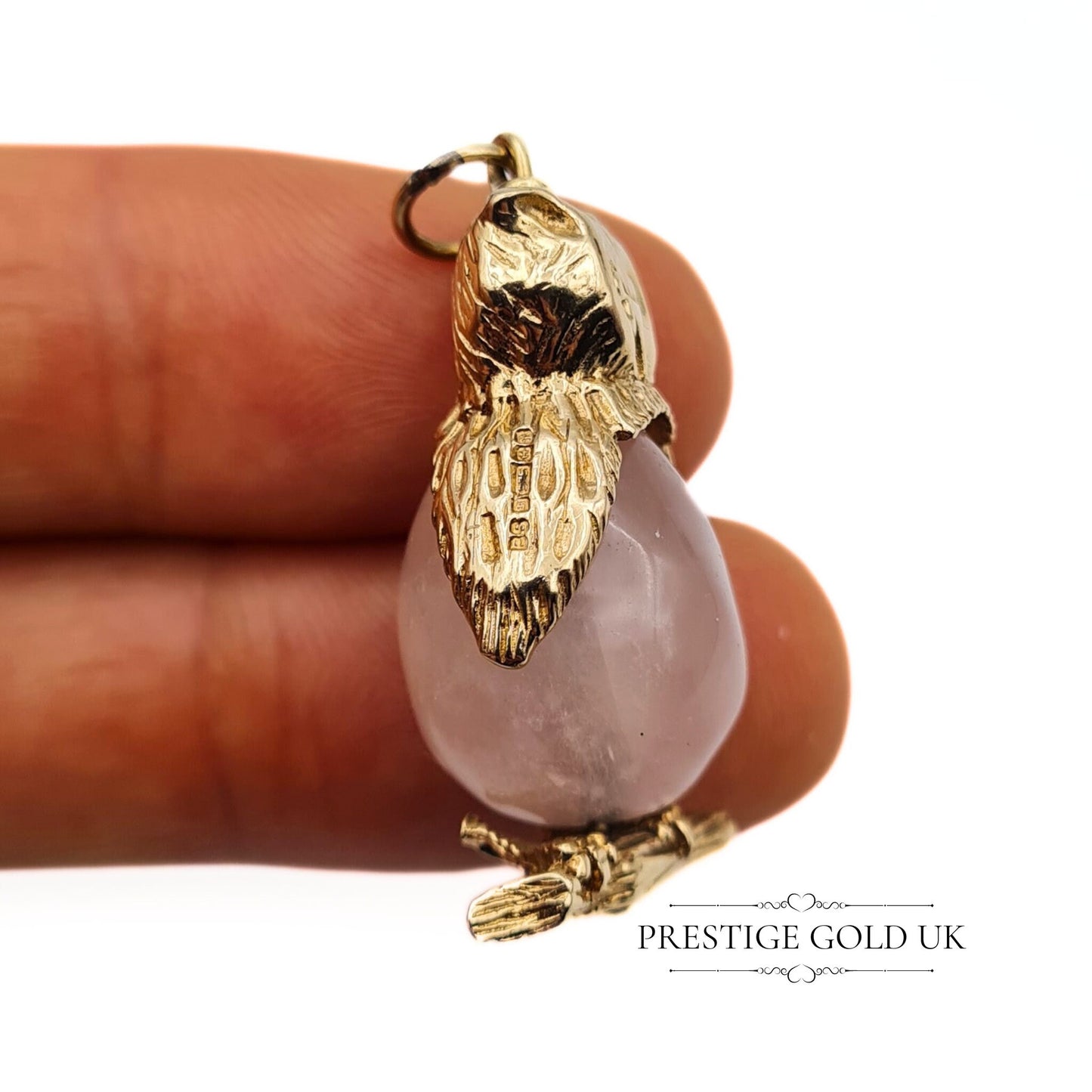 Vintage 9ct Gold Pink Quartz Owl Pendant