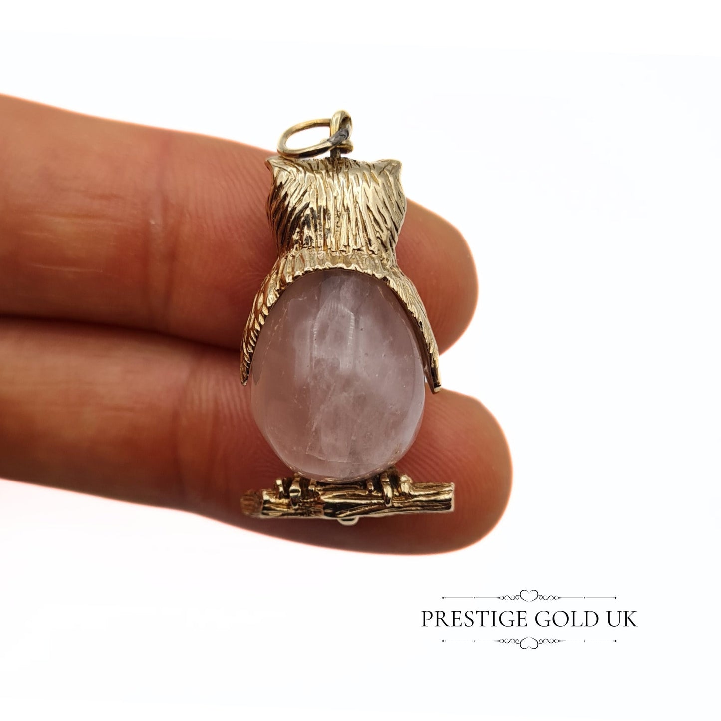 Vintage 9ct Gold Pink Quartz Owl Pendant