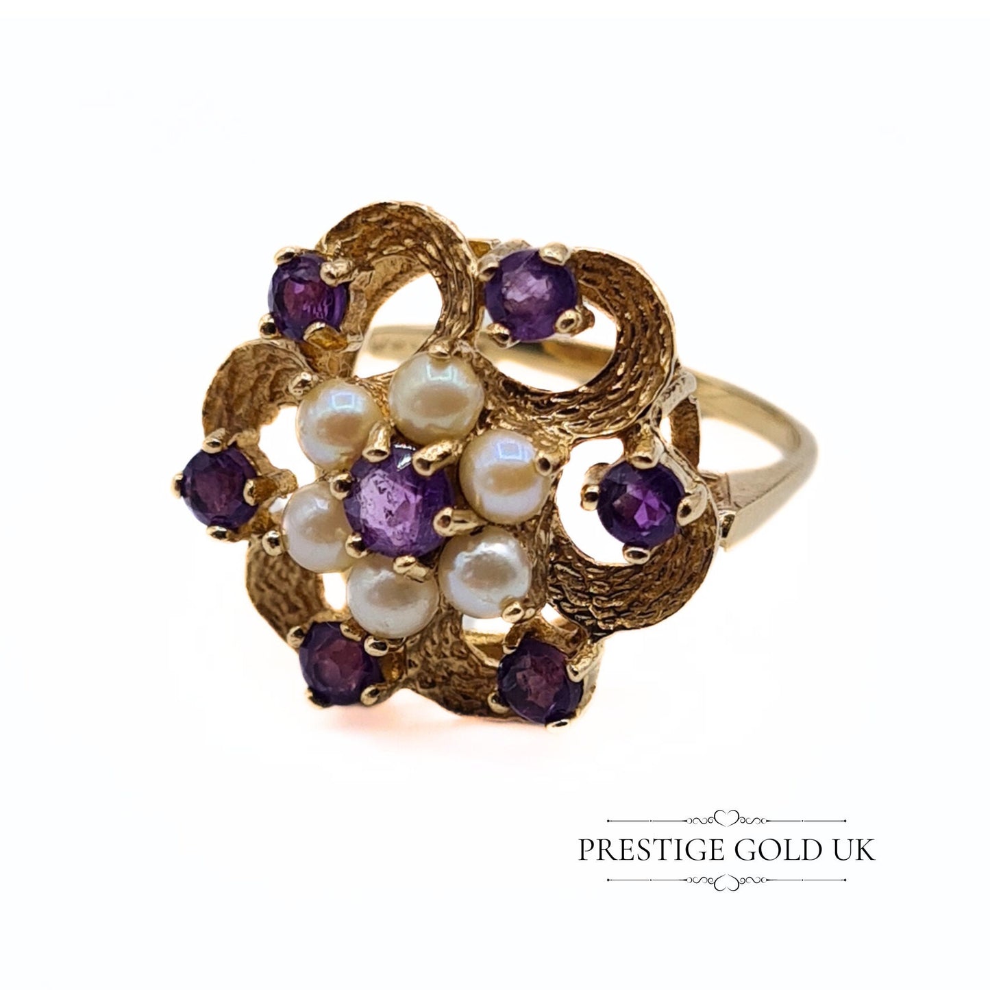 Vintage Pearl and Amethyst Gold Cluster Ring 9ct - Size UK P, US 7 3/4, Euro 56