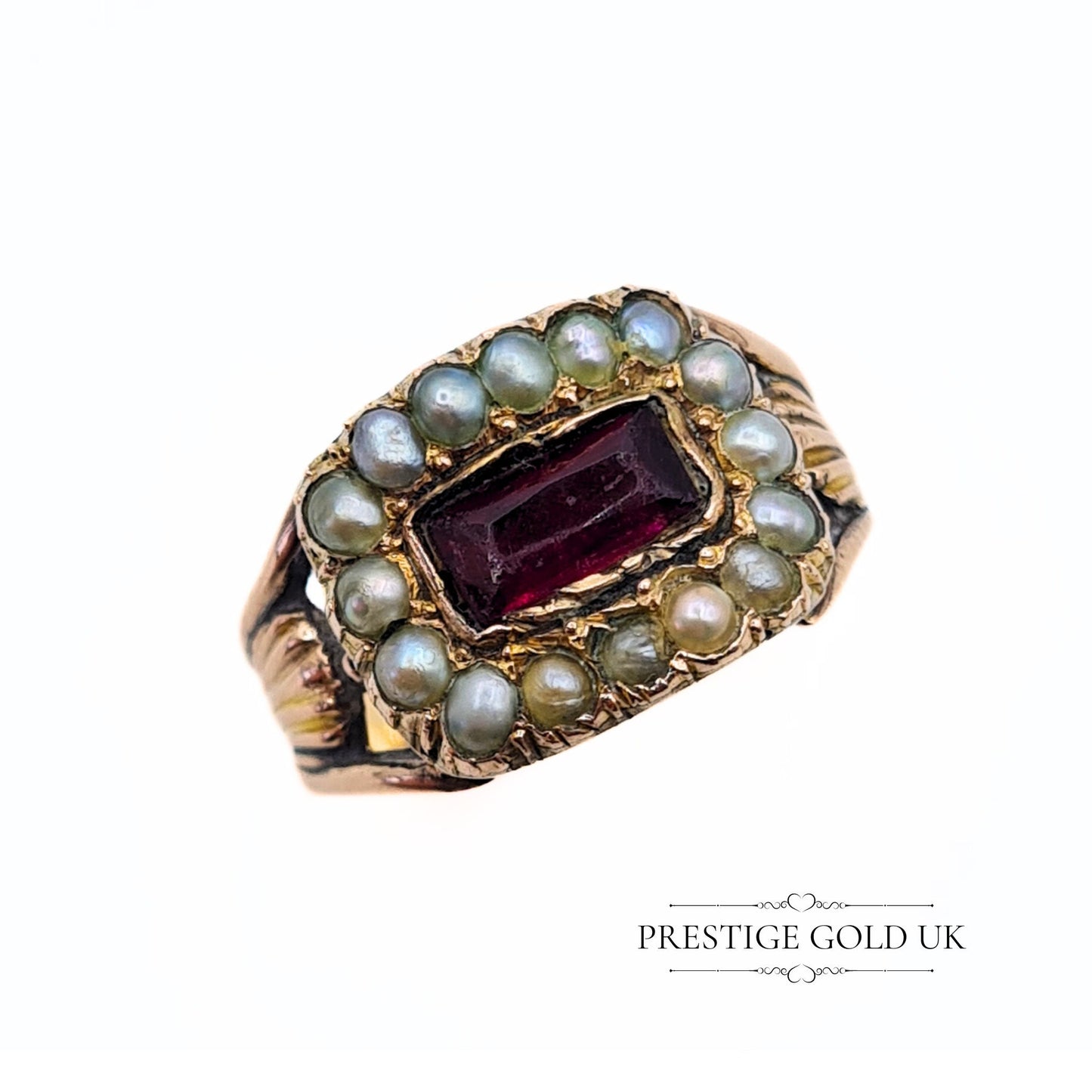 Victorian Pearl and Garnet Gold Cluster Ring in 9ct - Size UK J 1/2, US 6, Euro 53