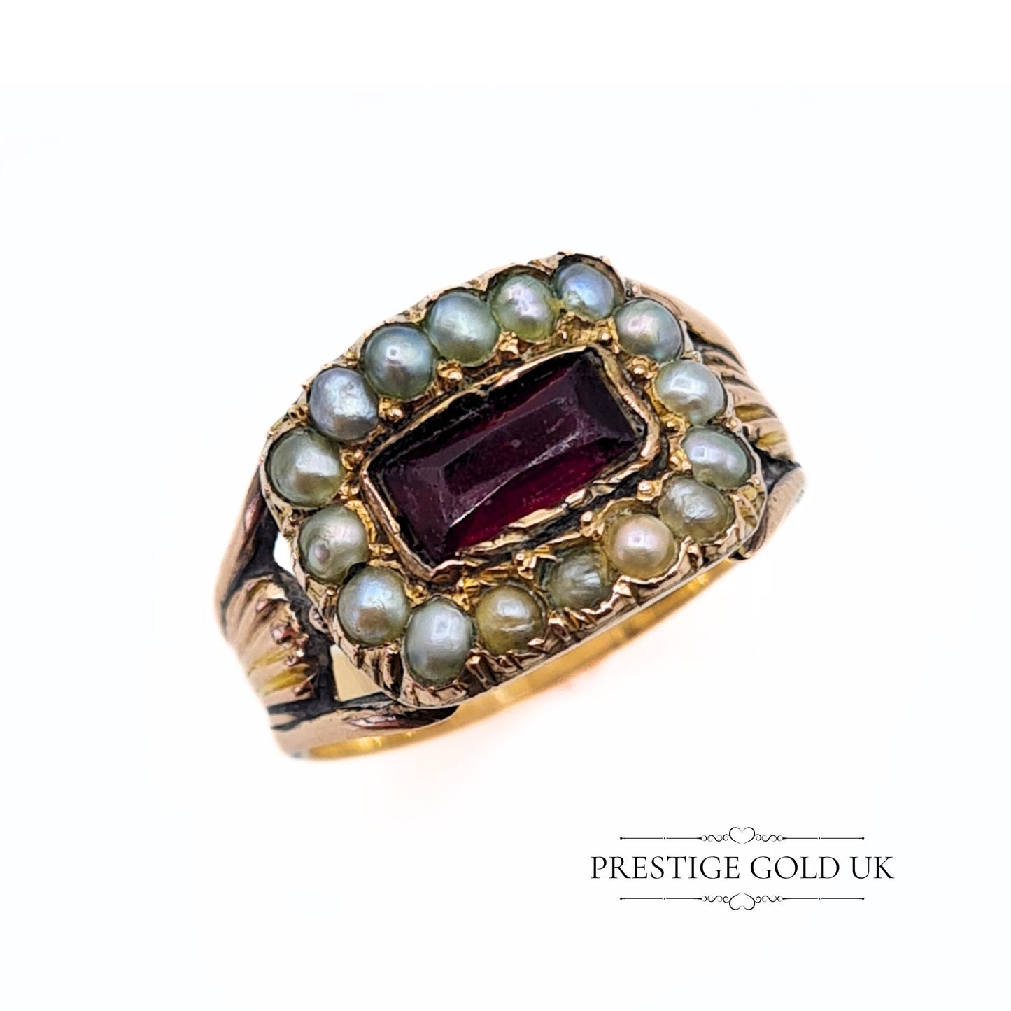 Victorian Pearl and Garnet Gold Cluster Ring in 9ct - Size UK J 1/2, US 6, Euro 53